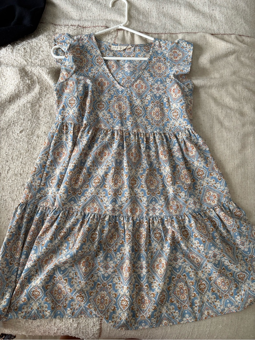 Blue Paisley Tiered Girls' Dress with Ruffle Sleeves